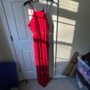 Red Floor Length Formal Dress with Back Cutouts and High Neck